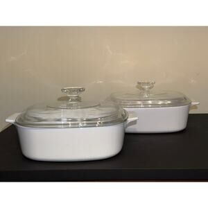 4pc Vintage Corningware All White 2QT Square Cookware A-2-B w/Pyrex Lids